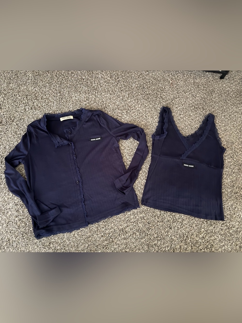 Miu Miu Navy Lace-Trim Cardigan & Tank Set